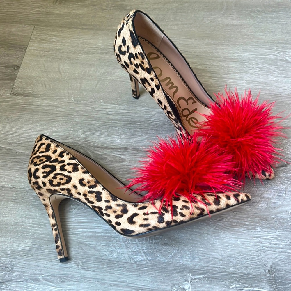 Sam Edelman Leopard Print Calf Hair Marabou Feather Pom Pumps 9.5M